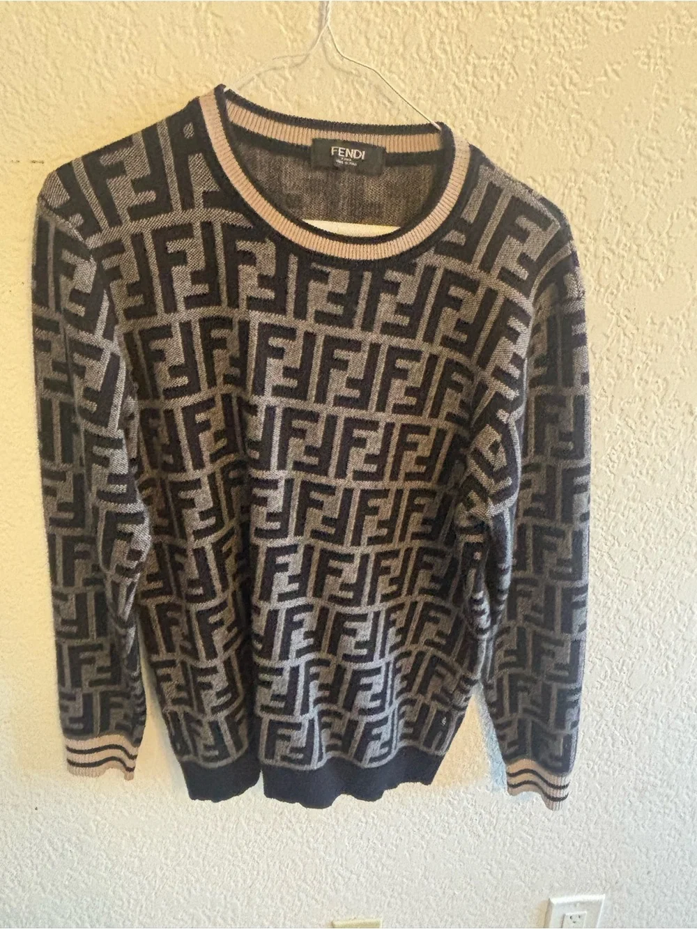 Fendi Monogram Knit Sweater in Black & Gray with Pink Trim